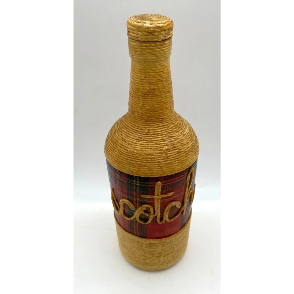 Vintage Wicker Wrapped Scotch Liquor Bottle Tartan Plaid Fine Jute Twine Rare